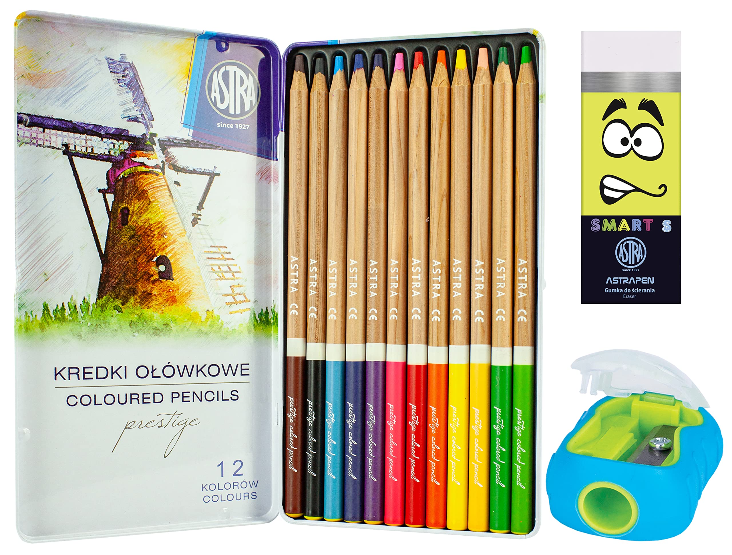 ASTRA Prestige 12 Colouring Pencils in Metal Tin Box Bundle with Smart Eraser and Pencil Sharpener for Children and Adult Artists (3 Items), Multicoloured