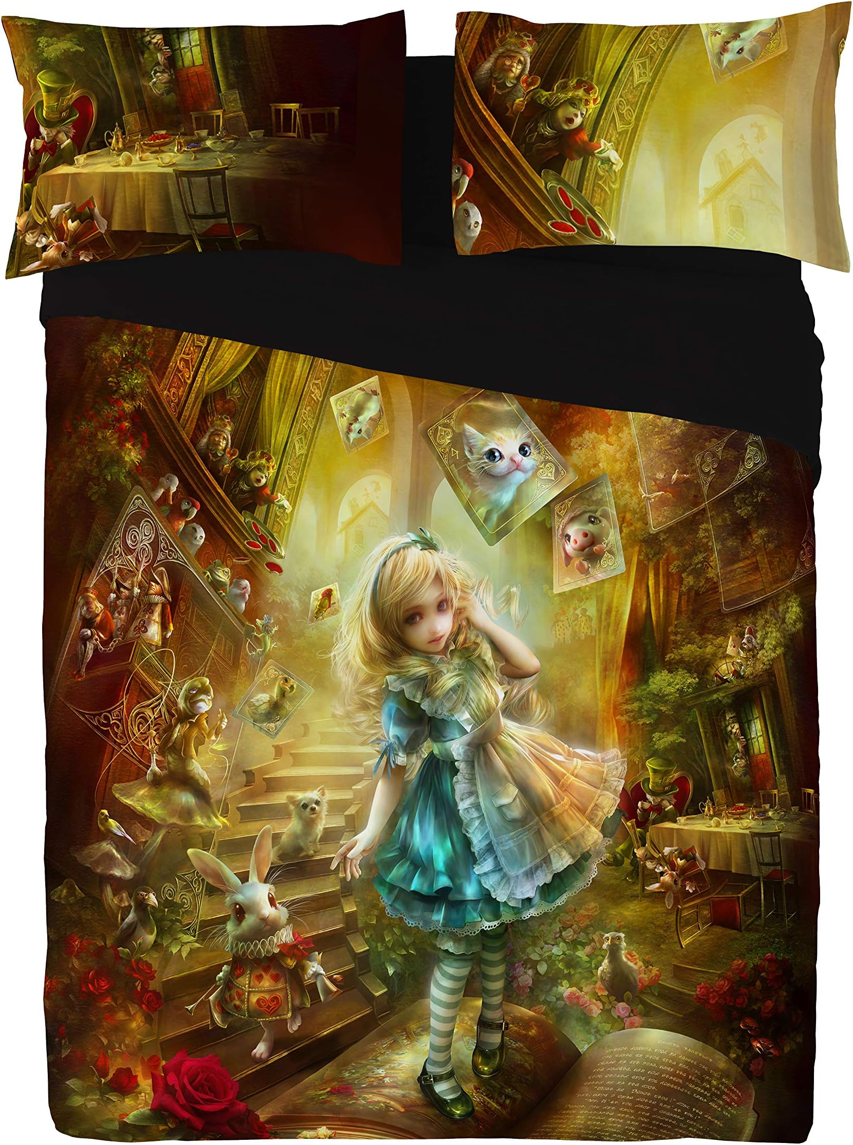 Alice in Wonderland US Queen Bed Duvet Cover Set, Young Girls Bedroom Fantasy Room Decor