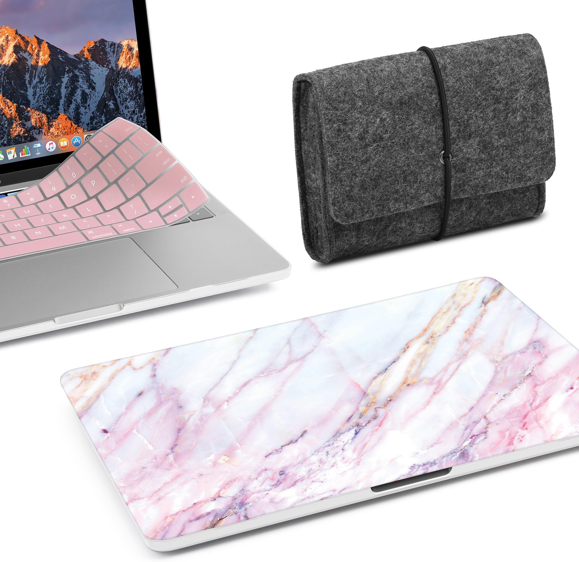 GMYLE 3 in 1 Bundle Felt Storage Pouch Bag & Pink Marble Soft-Touch Plastic Hard Case with Pink Keyboard Cover for New Macbook Pro 13 inch With/Without Touch Bar(A1706/A1708,2016-17Release)
