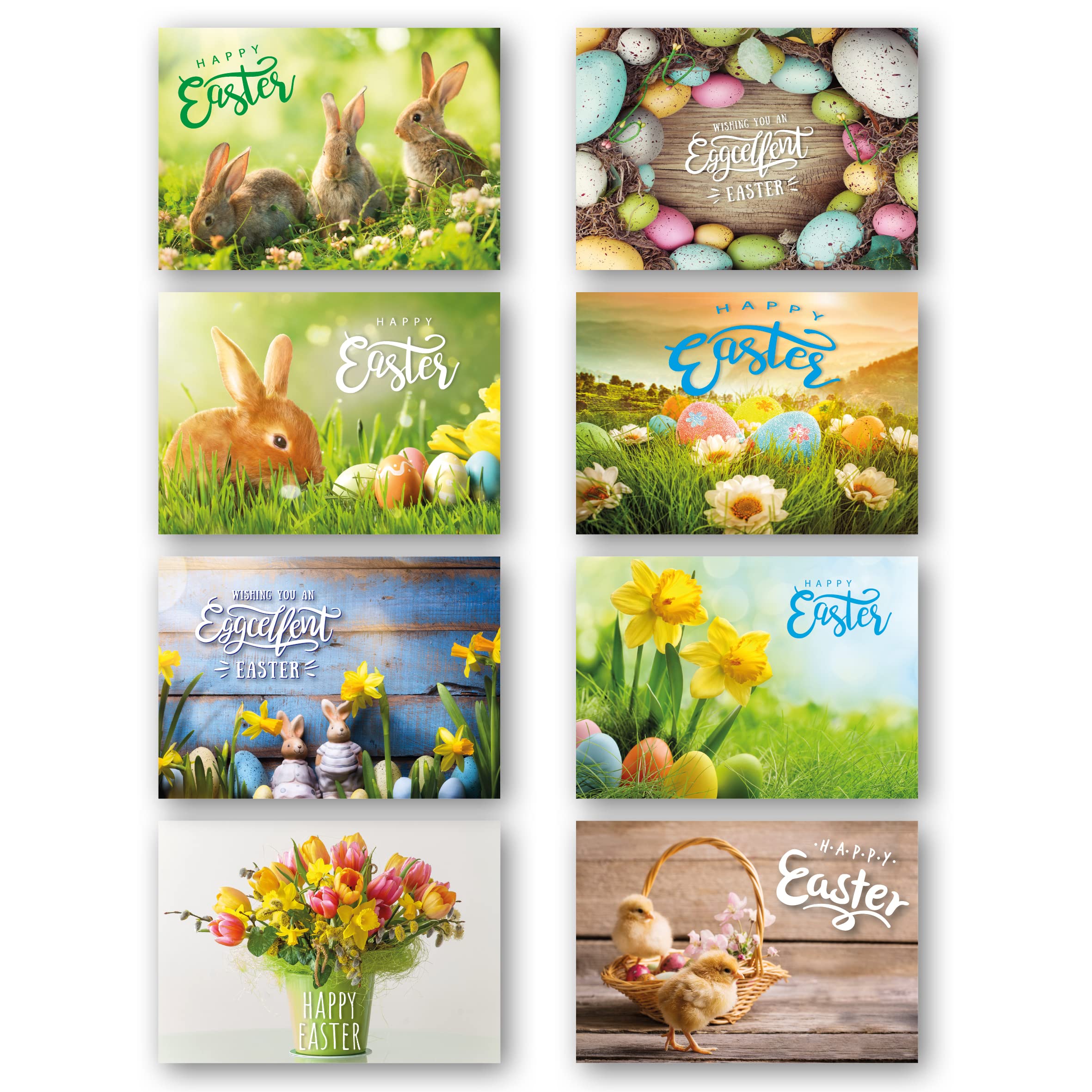 Easter Cards Pack of 8. Multipack has 8 Different Mixed Easter Designs. Ecofriendly, Recyclable, Plastic Free Cards, envelopes and Box. Blank Inside.