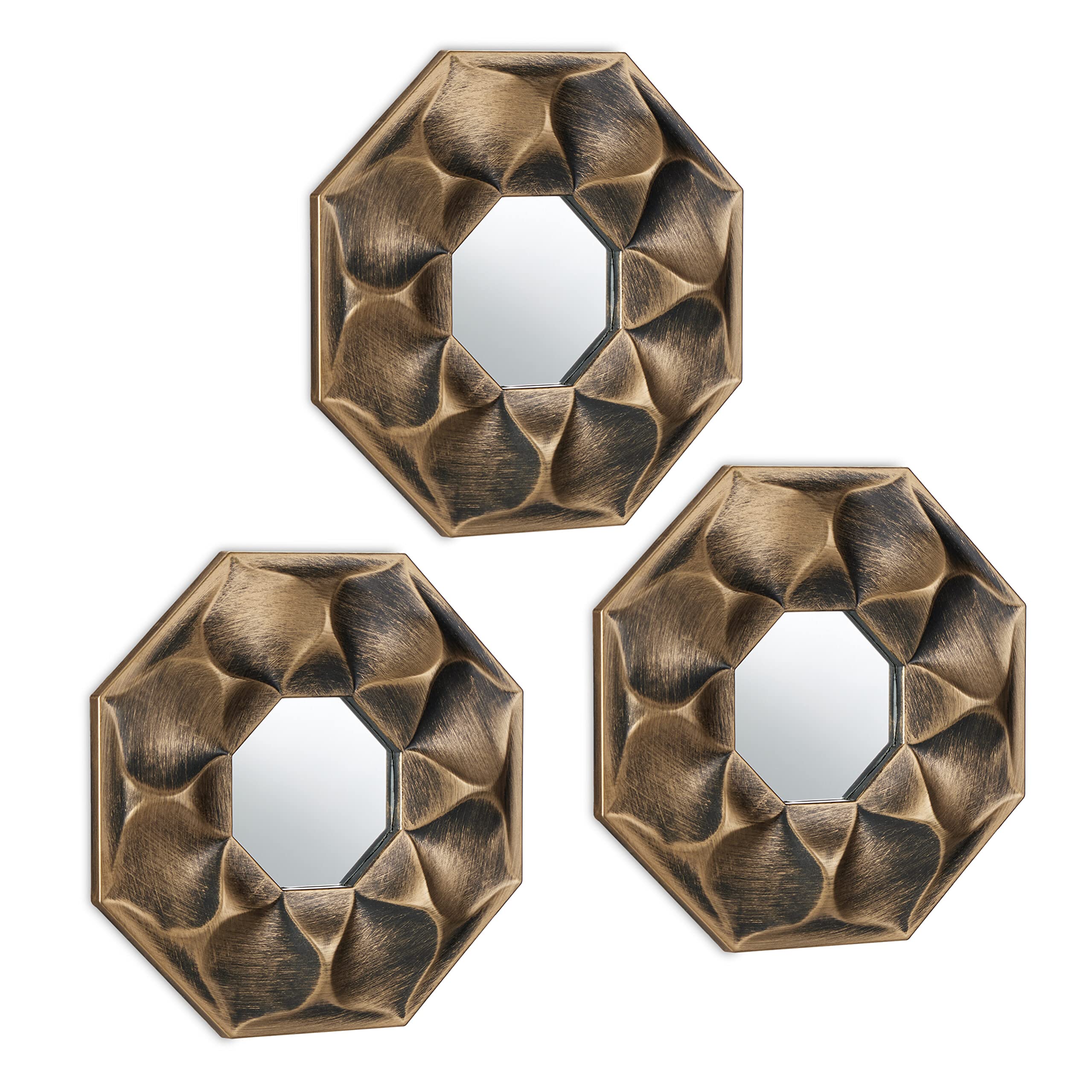 Relaxdays Set of 3 Flower Mirrors, Octagonal, Decorative, Ø 25 cm, Wall Mounted, Plastic Frame, Lounge & Hallway, Gold