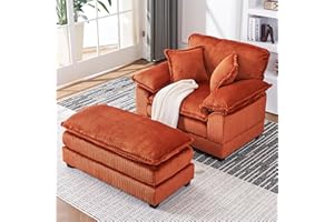 LuxyHoom 56.3'' Oversized Chaise Lounge Indoor, Wide Corduroy Single Sofa Chair with Ottoman, Plush Upholstered Deep Seat, Lazy Sleeper Sofa for Living Room, Apartment, Salon, Home Theater, Orange