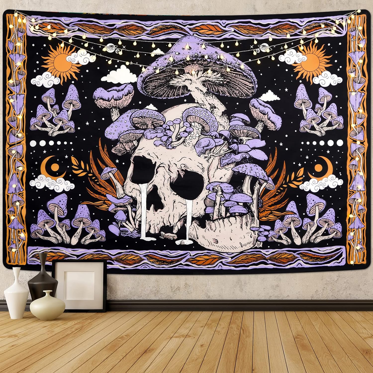Tapestries - Uspring Mushroom Tapestries Skull Skeleton, Leaves, Large Purple Tapestry for Bedroom, Wall Hanging for Room (51.2 x 59.1 inches)