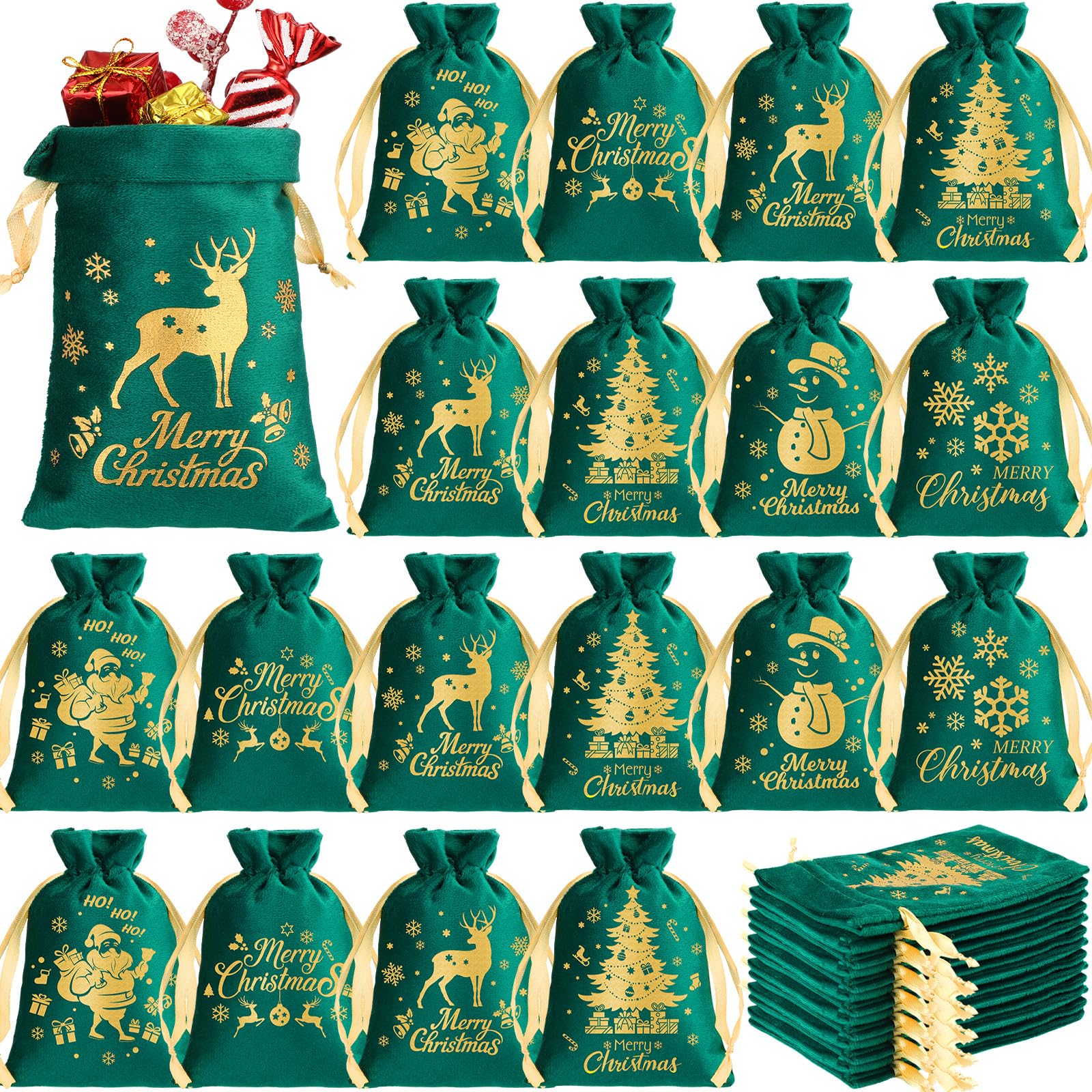 Photo 1 of (used)(unknown if complete) Wesnoy 50 Pcs Christmas Velvet Drawstring Bags Bulk Santa Gift Bags for Candy Wrapping Goodie