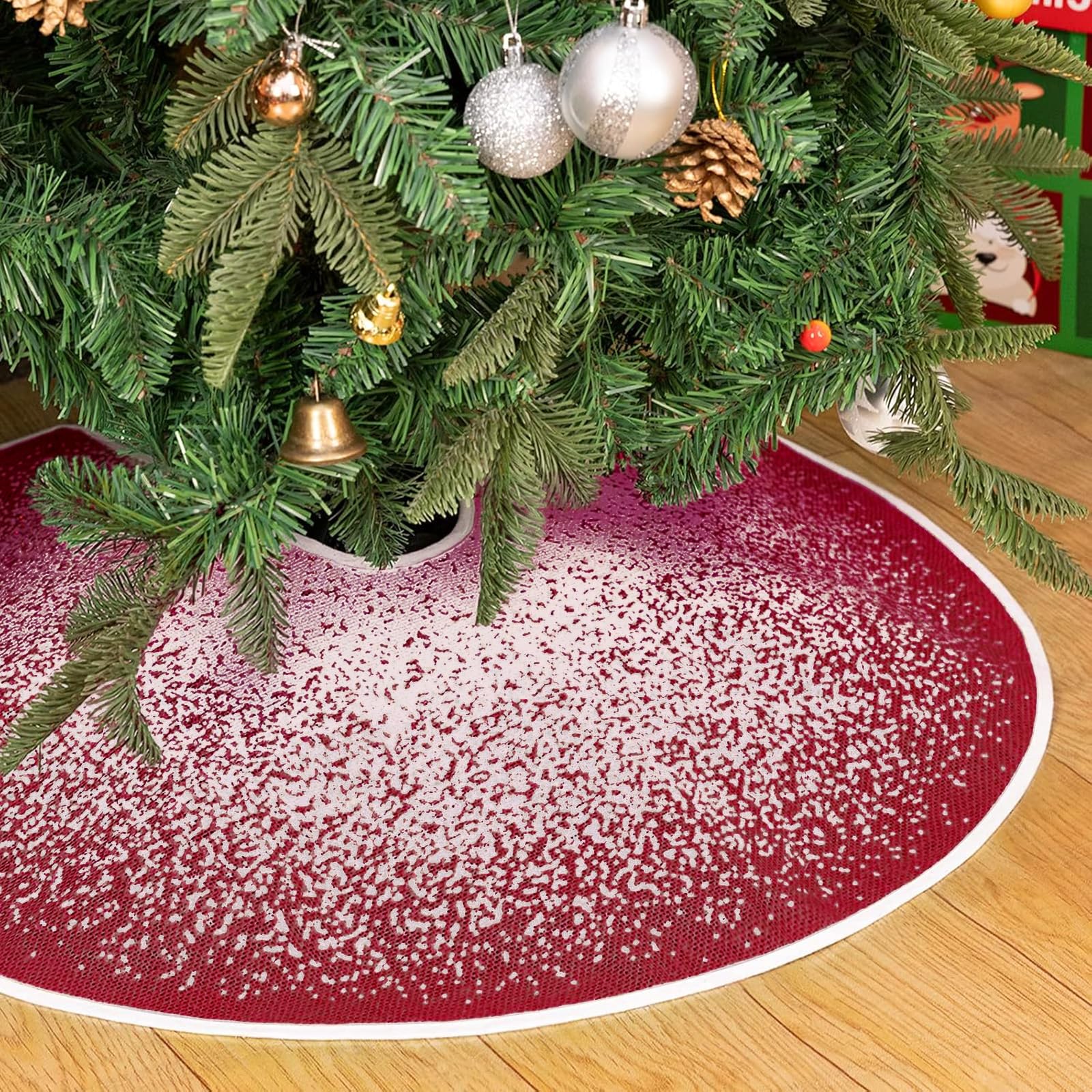 N&T NIETING Christmas Tree Skirt, 30 Inches Burlap Tree Skirt Full Glitter Snowflakes Dot Rustic Christmas Tree Mat for Holiday Party Xmas Decoration, Red