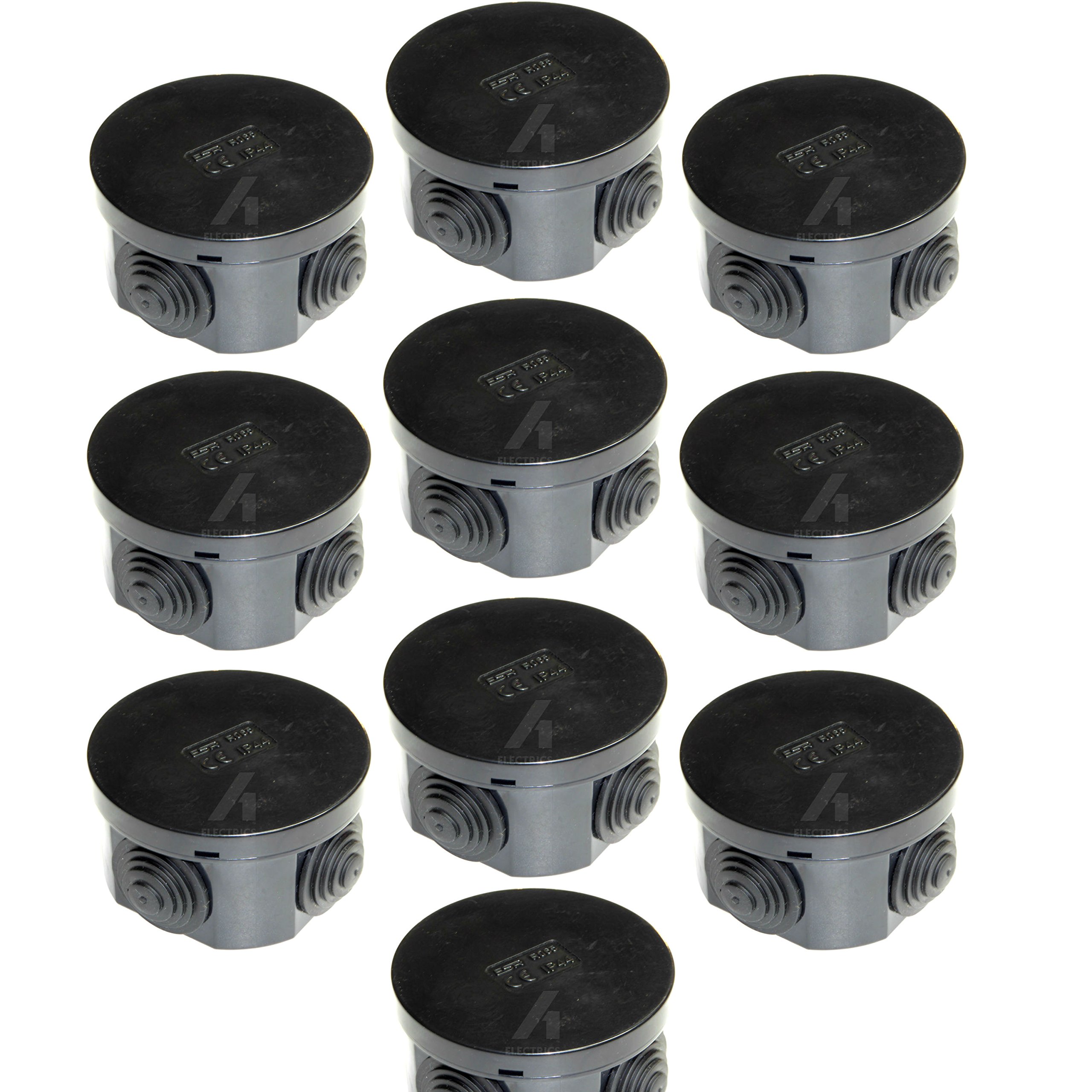 10 x 65mm x 35mm Black IP44 Splash Proof Round Junction Box with Rubber Seals and Snap on Lid