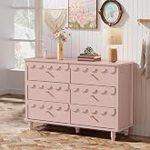 Anbuy Scalloped Dresser for Bedroom Girls Organizer Storage with Drawers, Pink 6 Drawer Dresser Modern Wide Chest of Drawers, Fluted Petal Pattern Large Storage Cabinet for Living Room, Porch