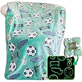 Soccer Throw Blanket: Glow in The Dark, Cozy, Soft, Warm Fleece Blanket for Boys and Girls with Ball, Goal, Cleats, and Medal, 50" x 60" (Green)