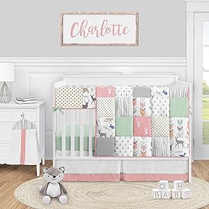 Sweet Jojo Designs Woodland Arrow Deer Baby Girl Nursery Crib Bedding Set - 5 Pieces - Coral Mint and Grey Woodsy