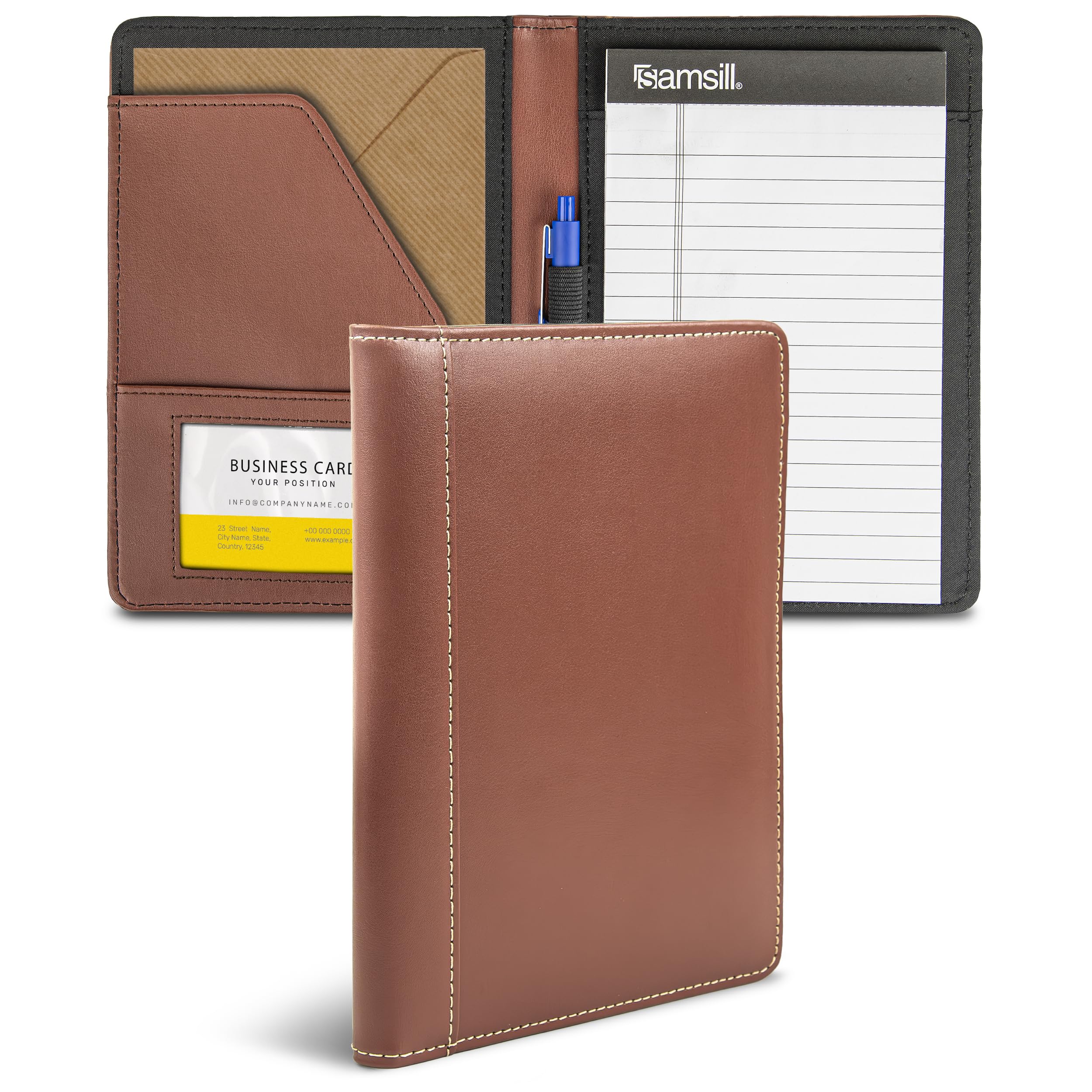 Samsill Contrast Stitch Leather Portfolio, Junior Size, 5 inch x 8 inch Writing Pad, Brown/Tan