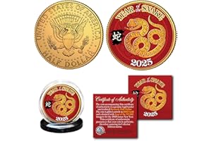 MERRICK MINT 2025 Year of The Snake Chinese Lunar New Year of The Snake Gold Plated JFK Kennedy Half Dollar Collectible Coin