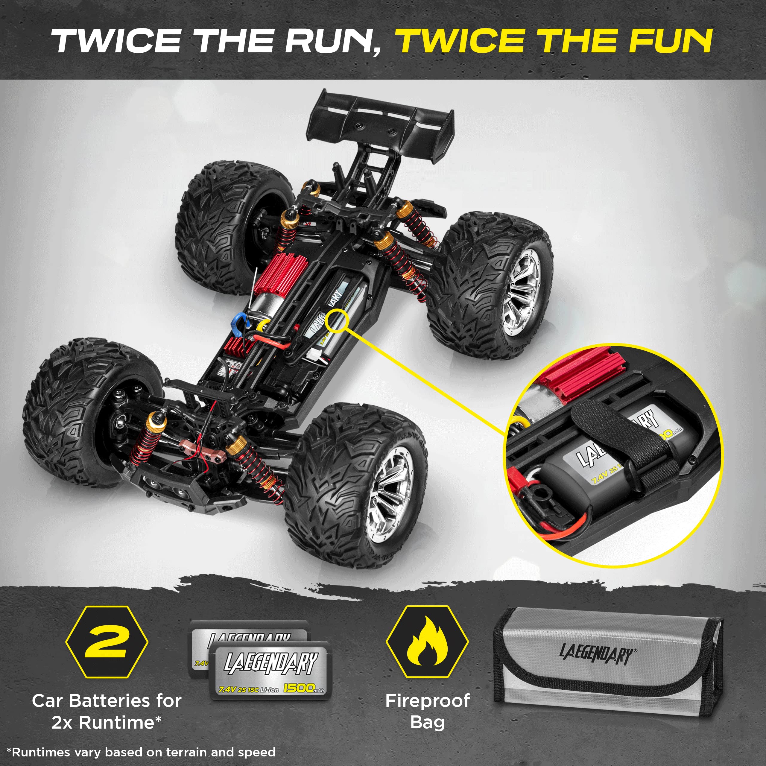 LAEGENDARY 1:12 Scale Large RC Cars 48+ kmh Speed - Remote Control Car 4x4 Off Road Monster Truck Electric - All Terrain Waterproof Trucks for Adults - 2 Batteries + Connector for 30+ Min Play