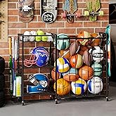 Ball Storage with Elastic Rope for Sports and Outdoors, Garage Organization with Wheels for Sports Gear and Toys, Large-Capacity Sports Equipment Organizer with Baseball Bat Holder and Basketball Rack
