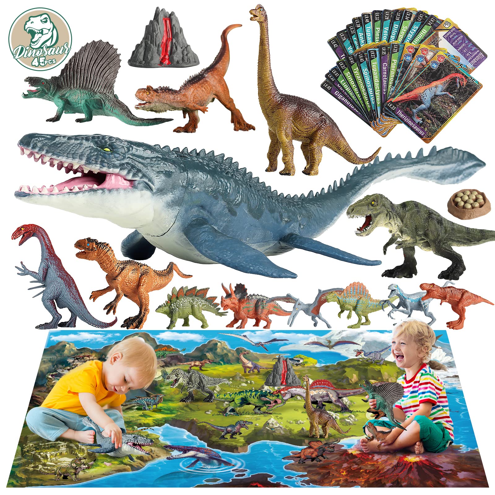 Oriate Dinosaur Toys with Large Play Mat, Realistic Mosasaurus Figures Plastic Playset for Boys Age 3 4 5 6 7 8, T-Rex, Spinosaurus, Carnotaurus, 45pcs Birthday Gifts for Kids Dinosaurs World