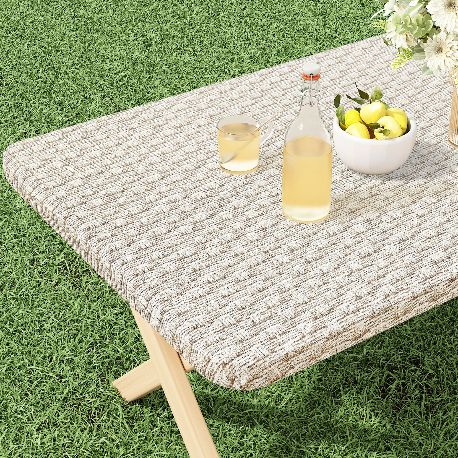 Photo 1 of misaya Rectangle Vinyl Tablecloth, Fitted Table Cover, 100% Waterproof, Elastic Edge, Flannel Backing, Table Cloth Fit 6 Foot Folding Tables for Picnic, Camping, Outdoor (Weave, 30x72 inch)