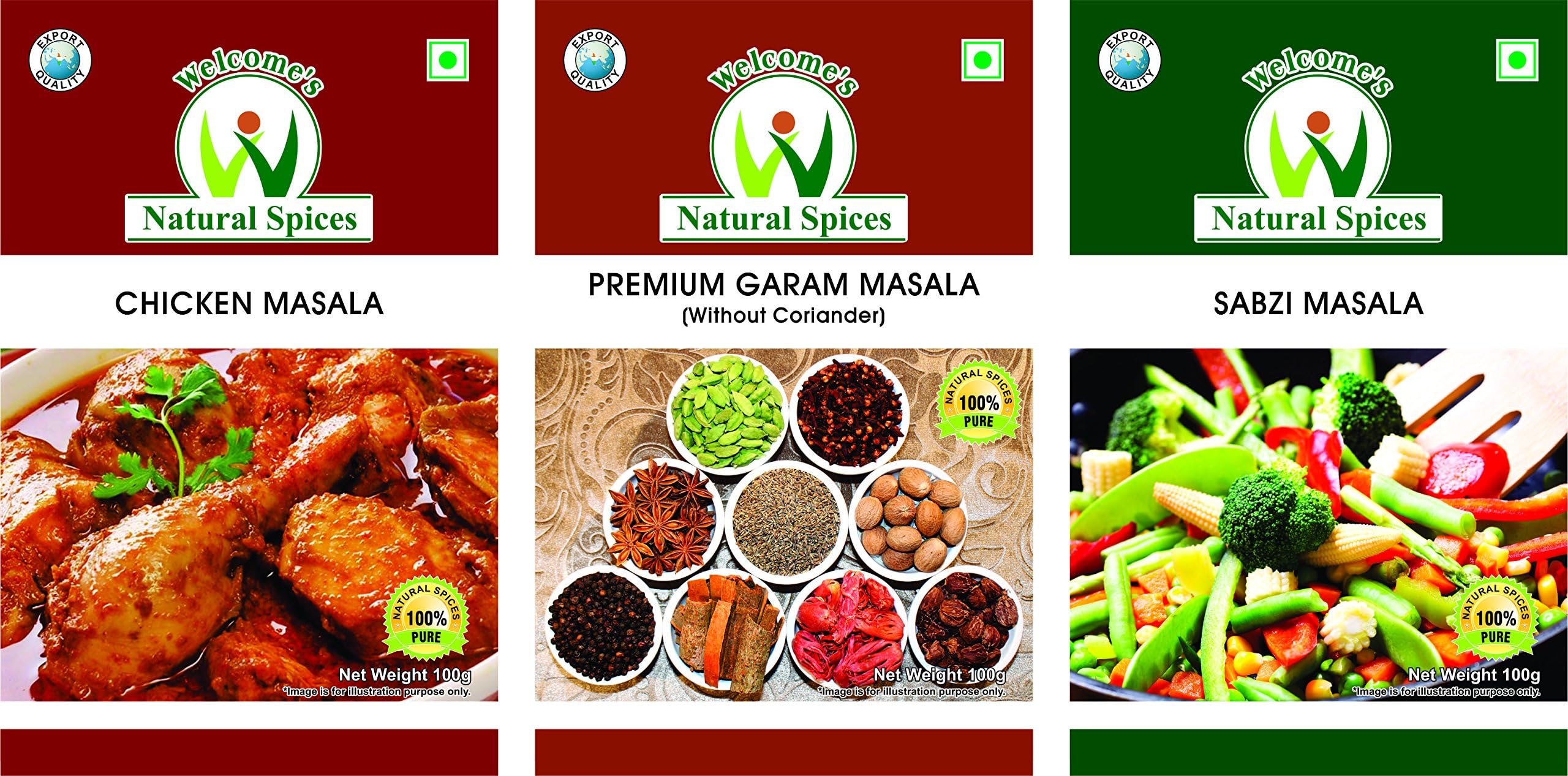 Welcome Chicken & SABZI Combo - Chicken Masala (100G), Premium Garam Masala (100G) & SABZI Masala (100G)