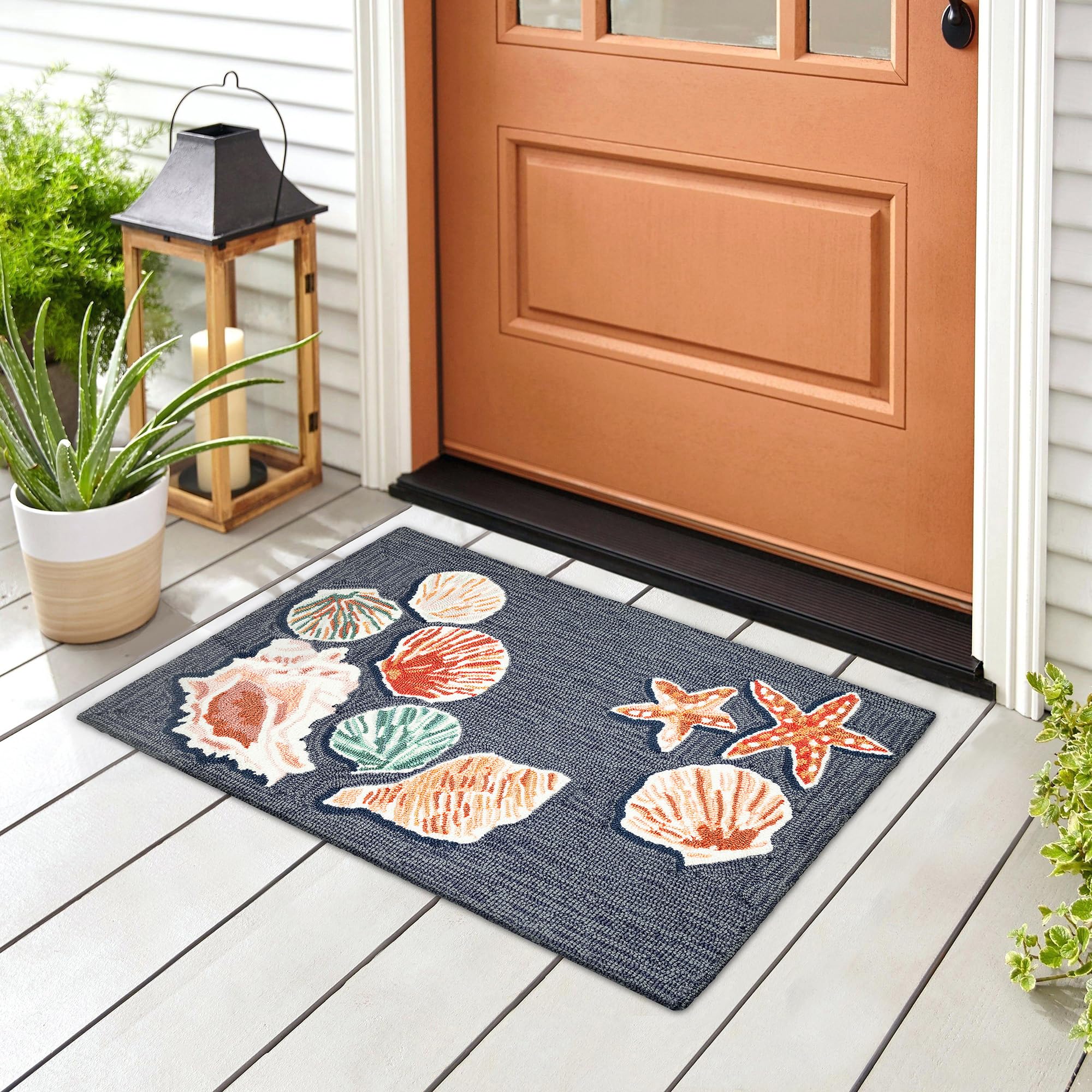 Liora Manne Frontporch Indoor Outdoor Rug - Novelty Design, Hand Hooked, Weather Resistant, UV Stabilized, Foyers, Porches, Patios & Decks, Beachcomber Denim, 1'8" x 2' 6" Image