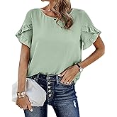 PRETTYGARDEN Womens Spring Tops 2026 Casual Crewneck Lace Crochet Short Sleeve Shirts Floral Boho Blouse Loose Tunic Top