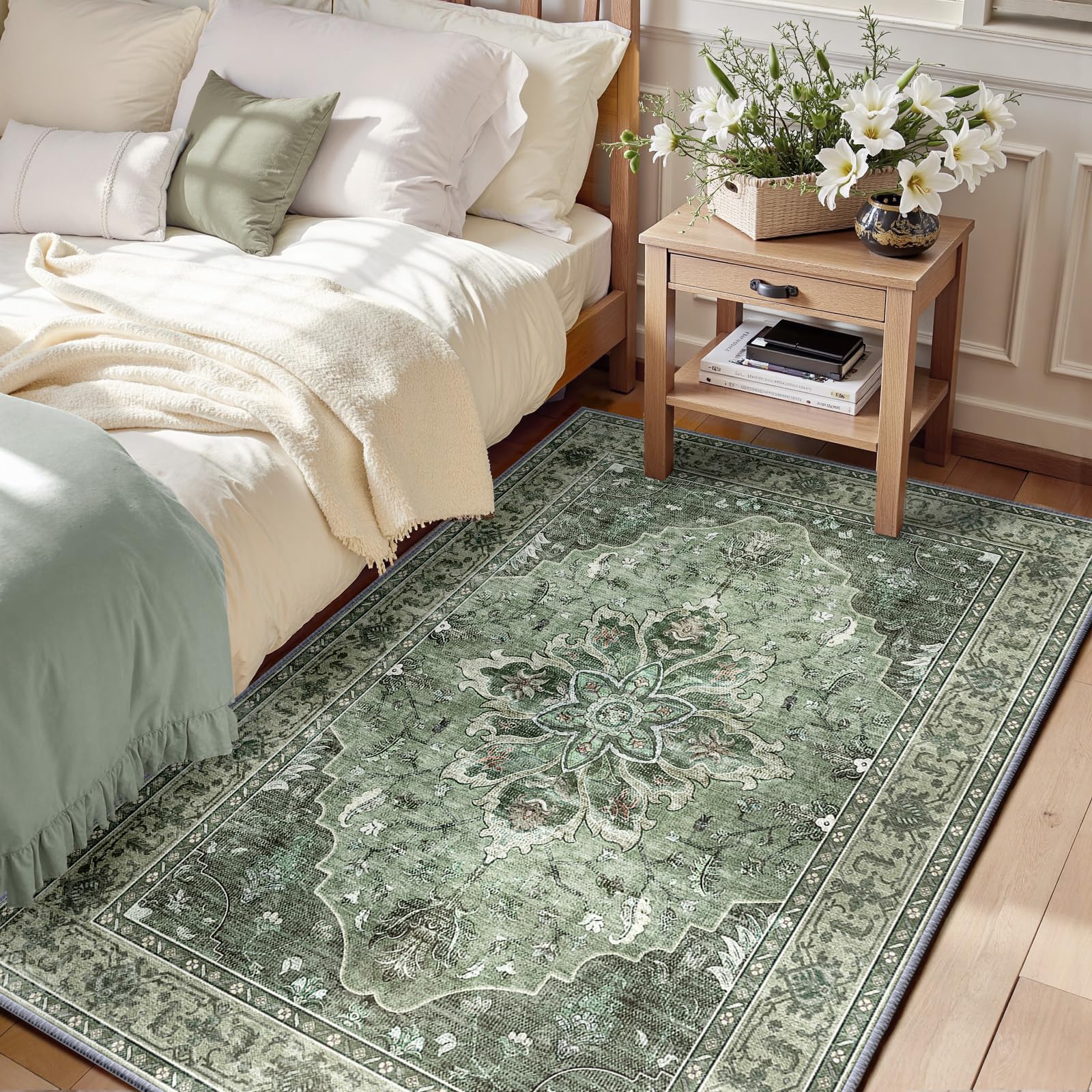 Photo 1 of RELEANY Area Rugs 3'x5' Washable Non-Slip, Floral Vintage Distress Print Pattern Medallion Carpet for Living Room Bedroom Dining Room, Dark Green Gray