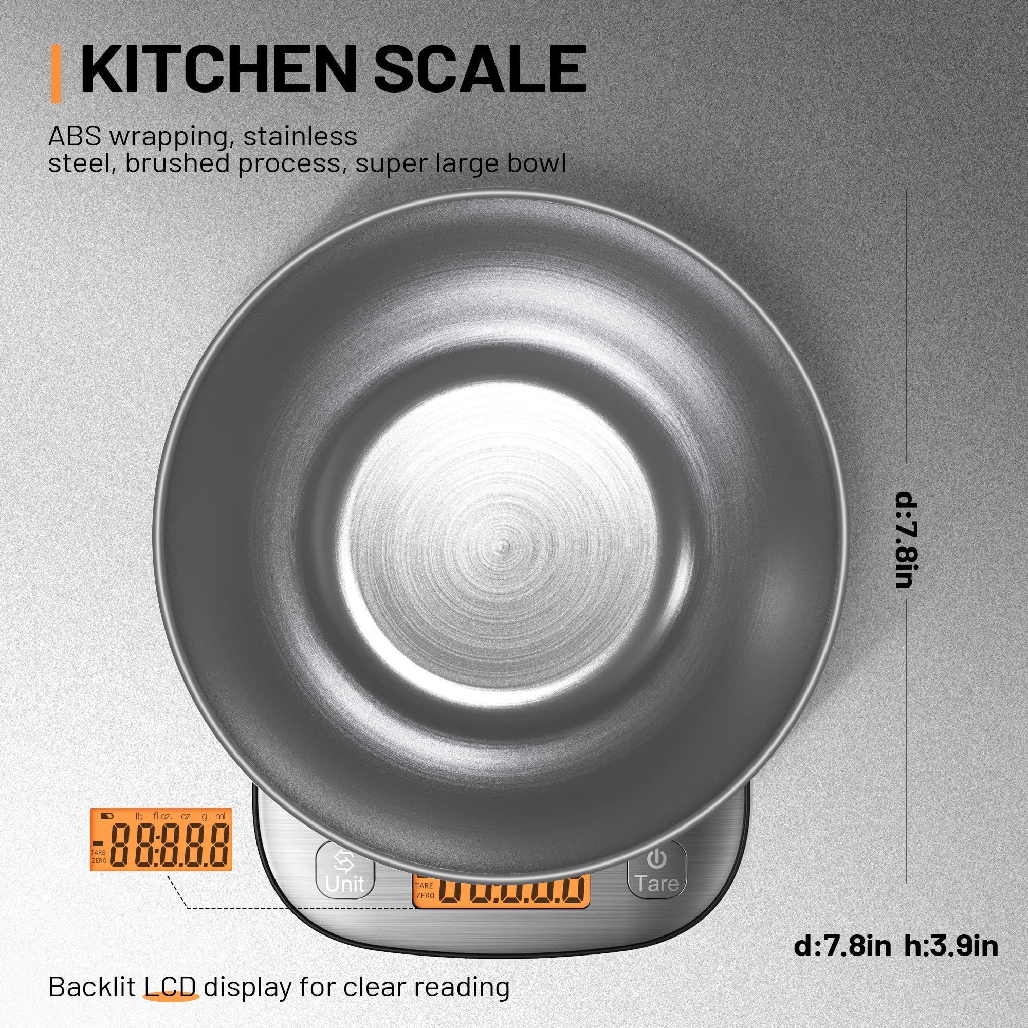 GRAM PRES Food Kitchen Scale Digital Weight Grams and Oz with IPX6 Waterproof，Professional Stainless Steel Digital Kitchen Food Scale 11lb/0.01oz with Bowl for Weight Loss Dieting Baking Cooking