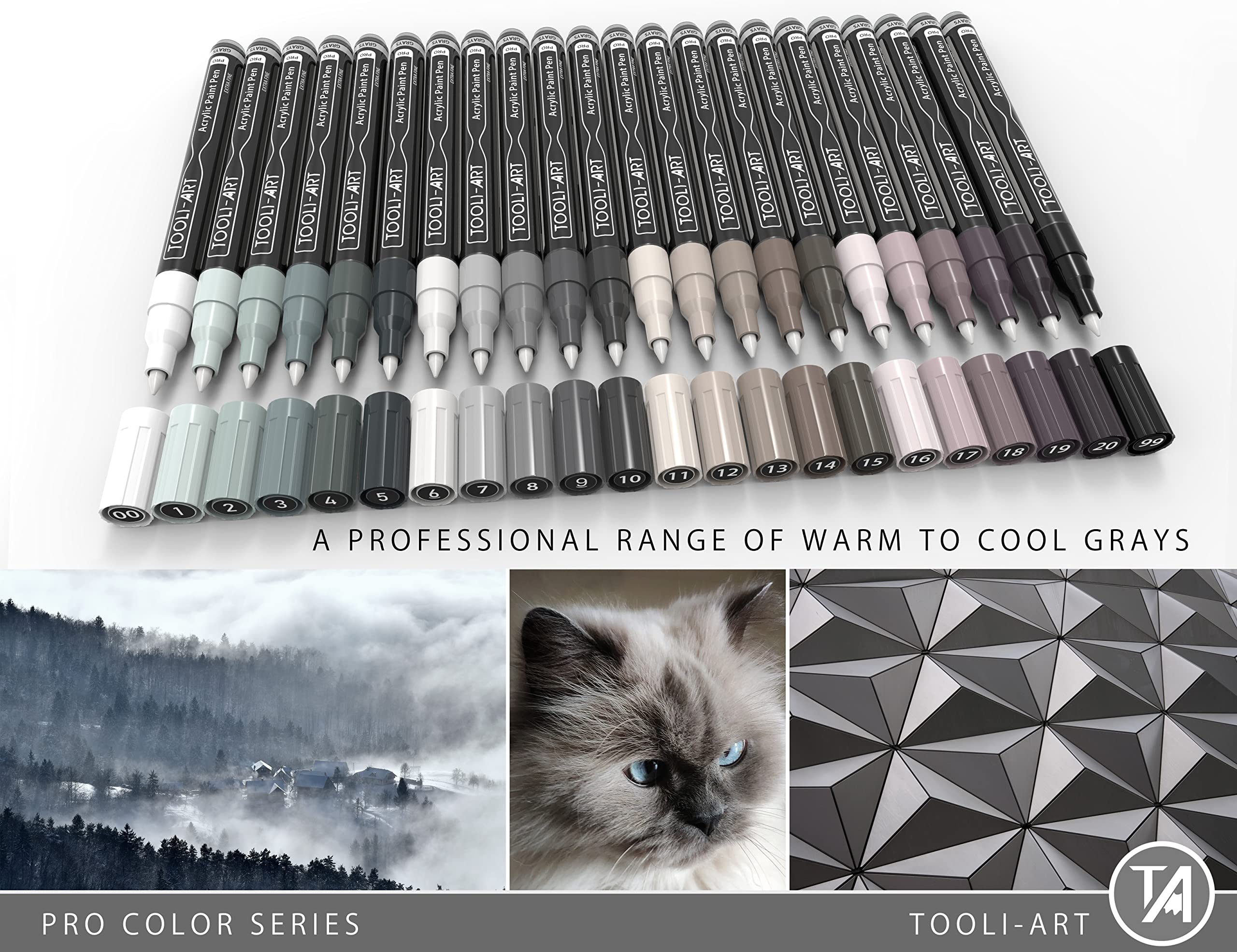 Acrylic Paint Pens 22 Gray Tones Assorted Pro Color Series Markers Set 0.7mm Extra Fine Tip for Rock Painting, Glass, Mugs, Wood, Metal, Canvas, Projects, Non Toxic, Waterbased, Quick Drying