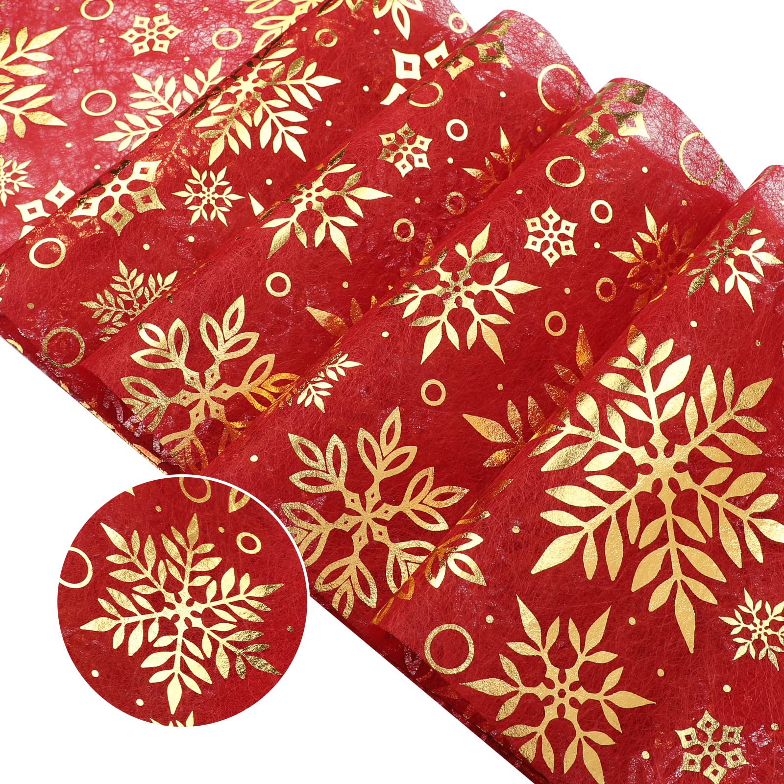 WELTRXE Christmas Table Runner, 28cm x 5M Gold Foil Snowflakes on Red Table Runner Roll, Reusable Cuttable Polyester Fiber Roll, Gift Wrapping Xmas Festival Dinner Table Cloth Decor Home Decorations