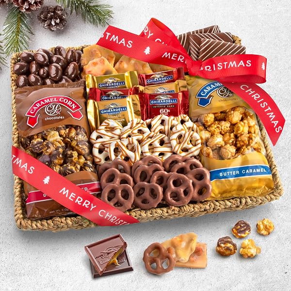 A GIFT INSIDE MERRY CHRISTMAS CHOCOLATE CARAMEL AND CRUNCH GRAND GIFT BASKET