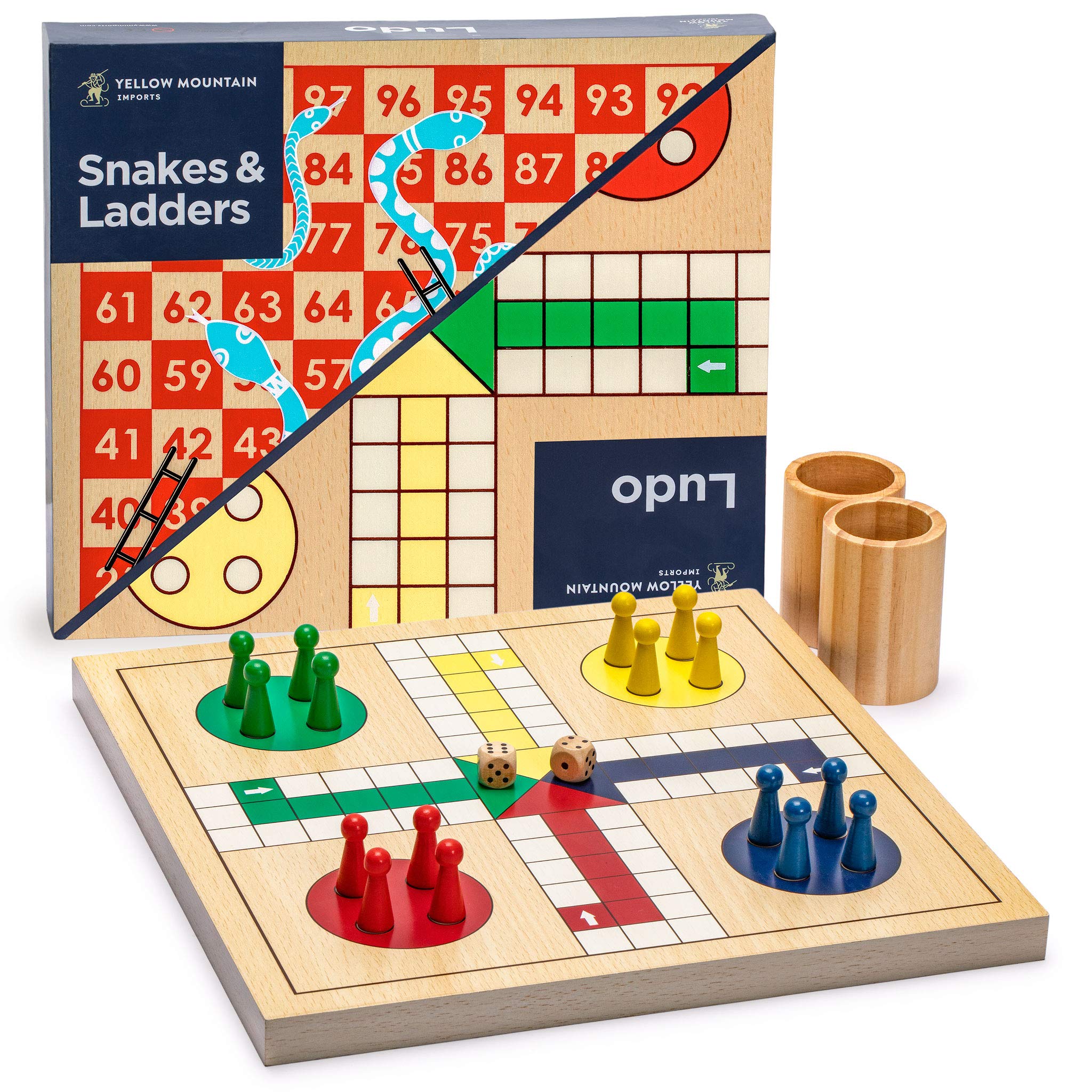 Yellow Mountain Imports 2-in-1 Reversible Wooden Snakes and Ladders, Ludo Game Set - 29 centimeters
