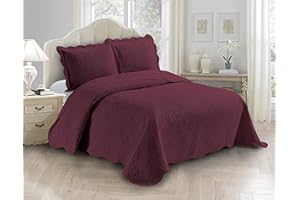 Fancy Linen 3pc Embossed Coverlet Bedspread Set Oversized Bed Cover Solid Floral Daisy Pattern New # Allis (Full/Queen, Burgundy)