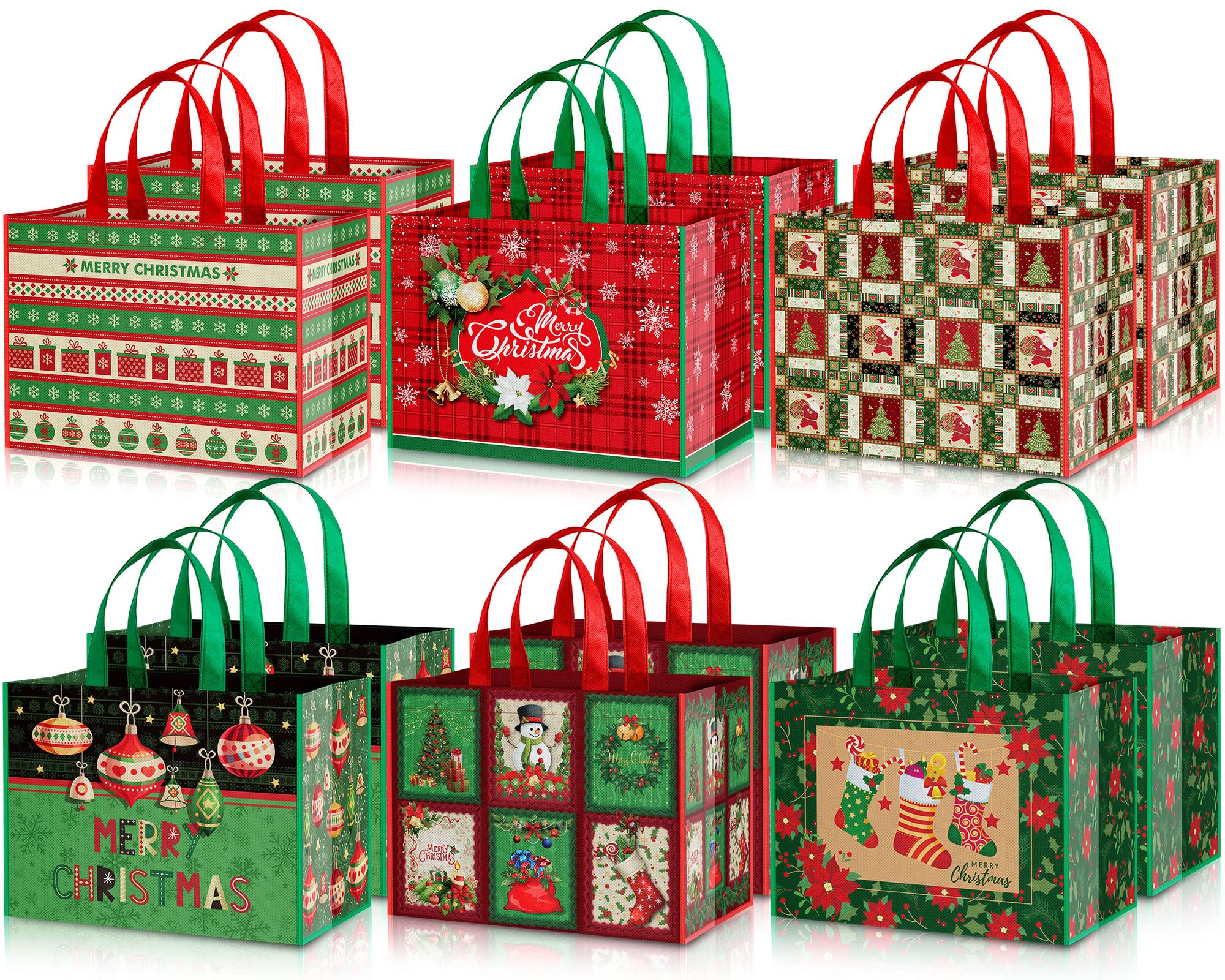 Whaline 12Pcs Christmas Large Tote Bags with Handles Reusable Gift Bag Grocery Shopping Bag Non-Woven Bags Retro Red Green Christmas Party Treat Bag Waterproof Goodie Bag for Holiday Favors