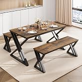 GarveeHome Kitchen Table with 2 Benches, Dining Table Set for 4,Brown | Unique X-Shaped Design,Vintage Tabletop,Saving Space,For Kitchen, Dining Room,Apartment,Sturdy Metal Frame