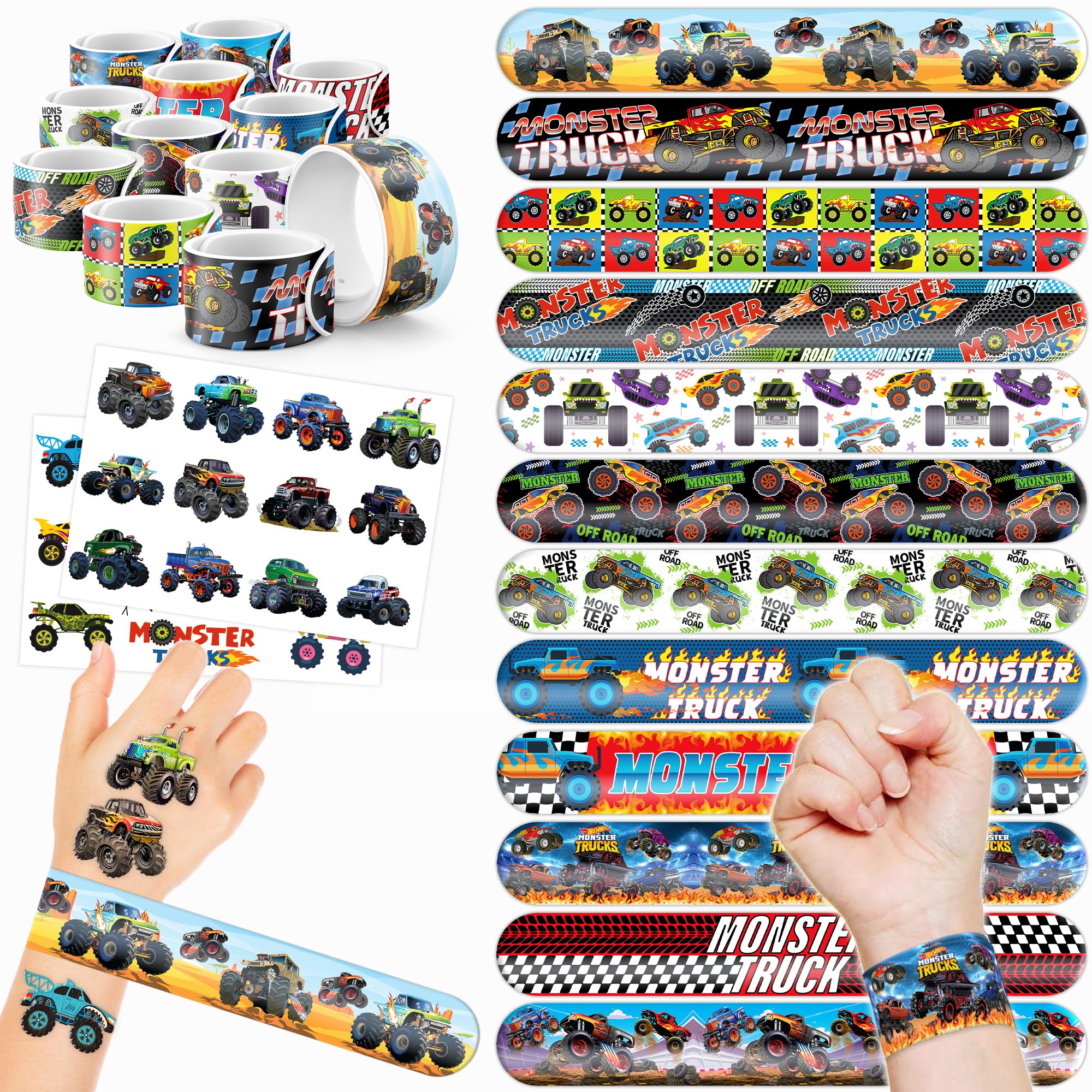 72PCS Monster Truck Party Favors – 48 Pre-cut Temporary Tattoos & 24 Slap Bracelets for Kids – Ideal for Boys' Birthday Parties, Classroom Prizes, and School Rewards