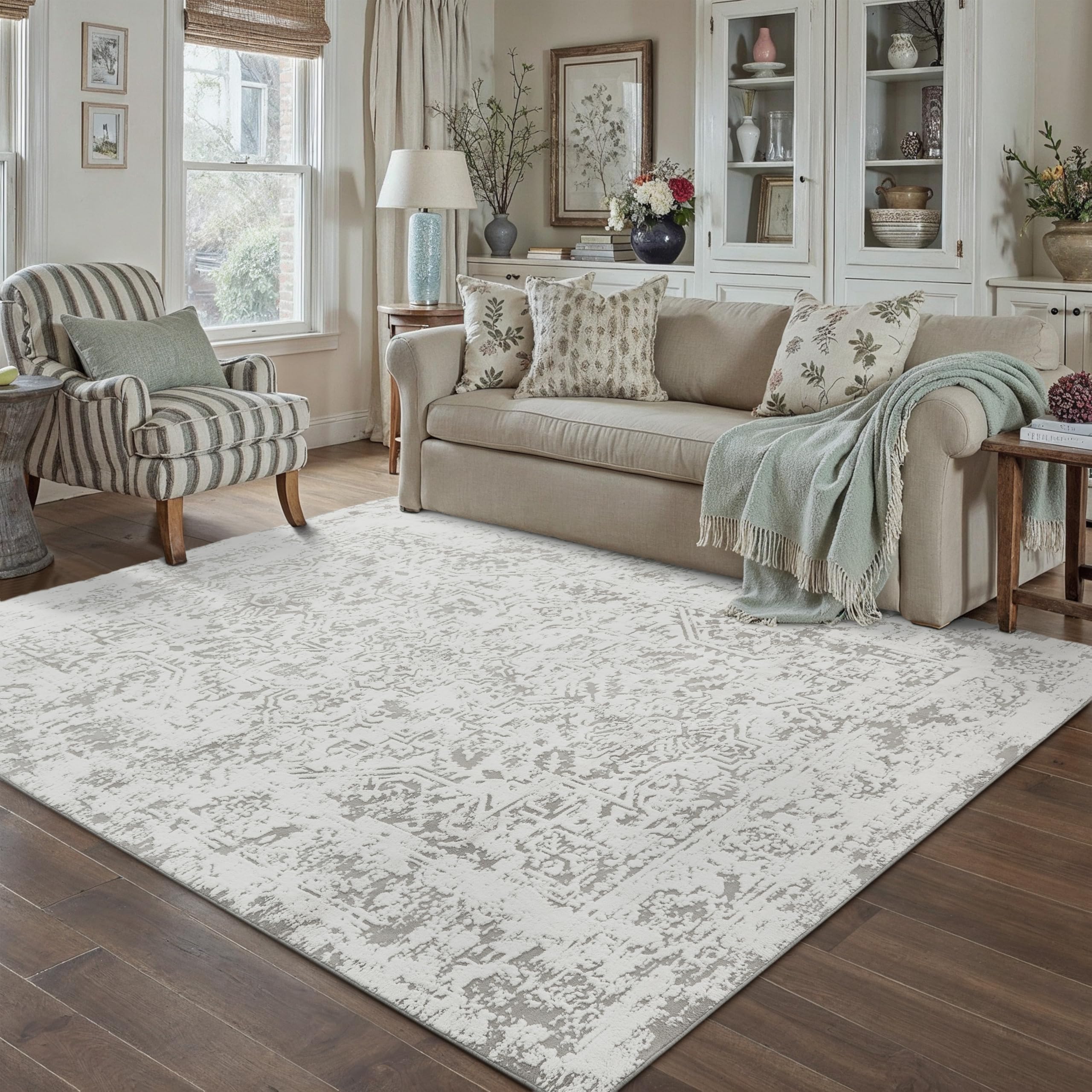 WondRg 5x7 Fluffy Area Rug Grey Shag Neutral Throw Carpet for Living Room Soft Medium Pile Floral Throw Rug for Bedroom Dorm Office Dining Room Kitchen Modern Decor Image