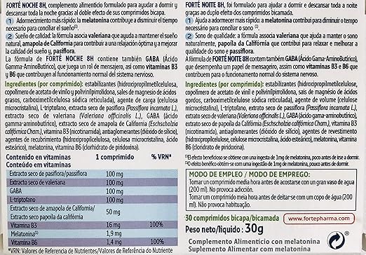 FORTÉ NOCHE 8H 30 comprimidos (Con melatonina,triptófano,GABA ...