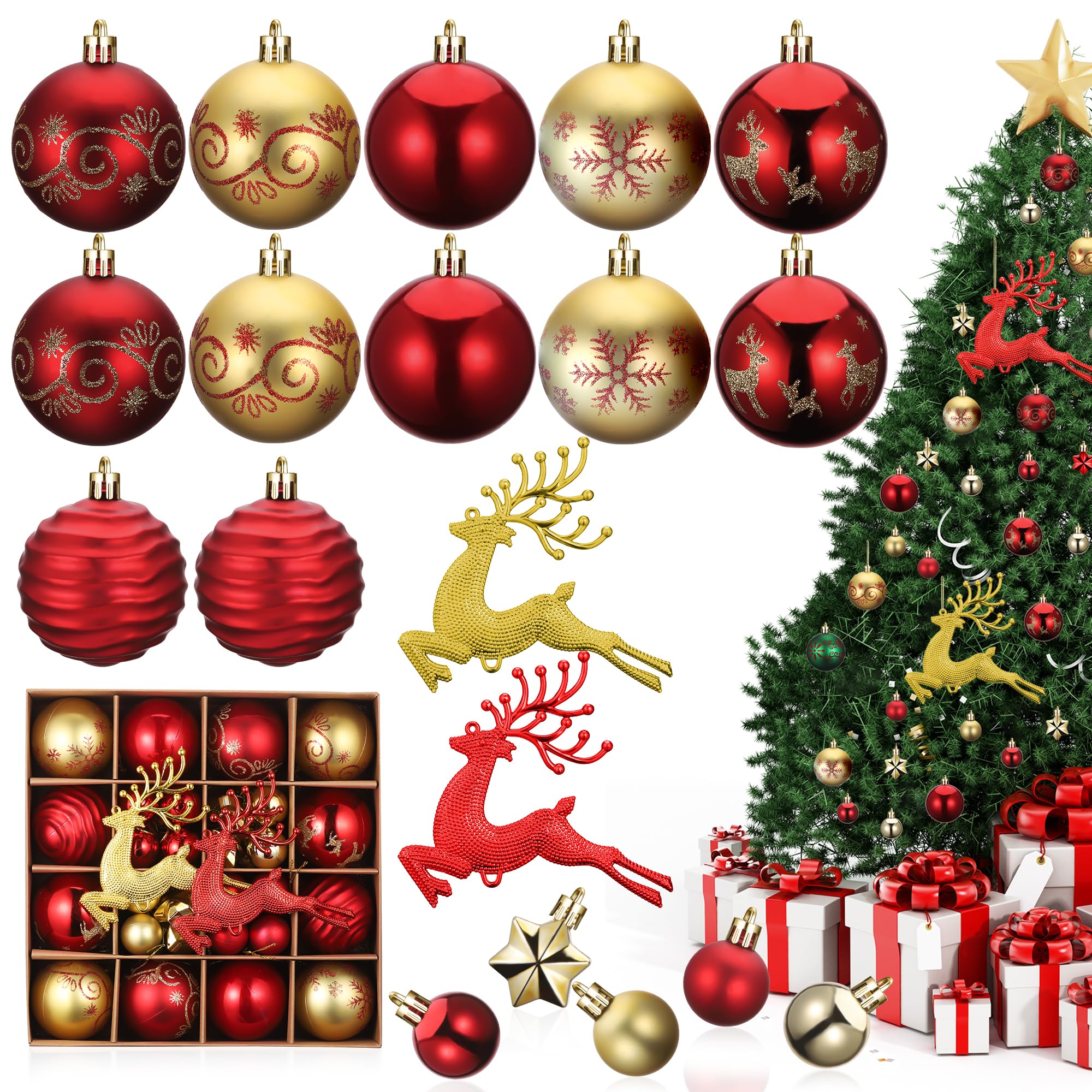 Fentar Christmas Tree Baubles, 46pcs Beautiful Christmas Balls with Various Styles, Shatterproof Xmas Bauble Set, Hanging Ball Ornaments, Red and Gold Baubles for Xmas Tree Decorations