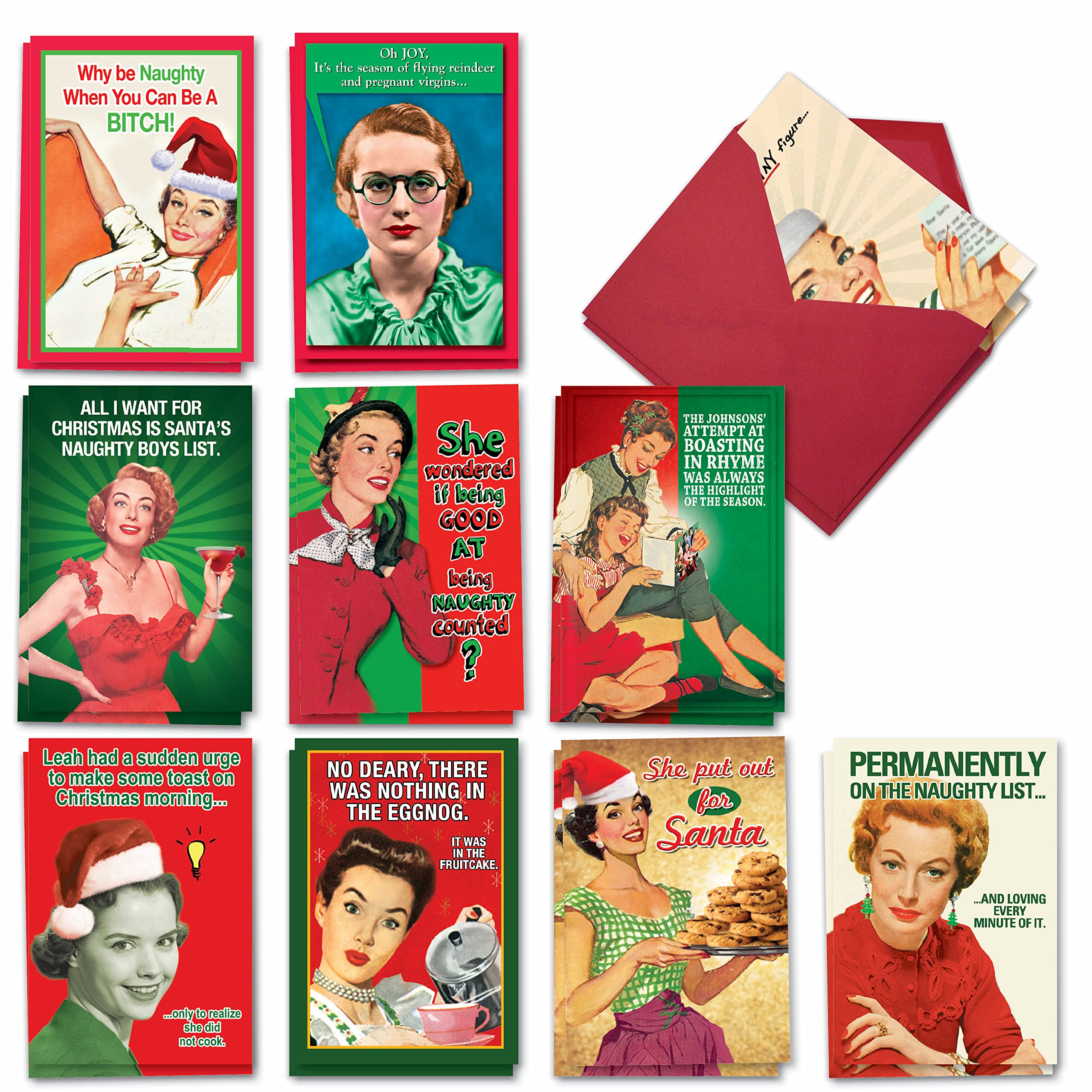 NobleWorks - 20 Funny Christmas Cards Assorted (10 Designs, 2 Each) - Boxed Christmas Greetings, Bulk Holiday Notecard Humor - AC1255XSG-B2x10