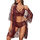 Avidlove Women Sexy Lingerie Set 3 Piece Bra and Panty Sets with Lace Kimono Robe Sleepwear Mesh Nightgown