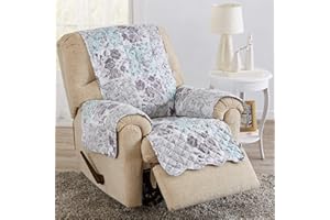 GREAT BAY HOME Reversible Floral Patchwork Furniture Protector Scalloped Edge Stain Resistant Printed Furniture Protector Maribel Collection (Recliner, Gray/Aqua)