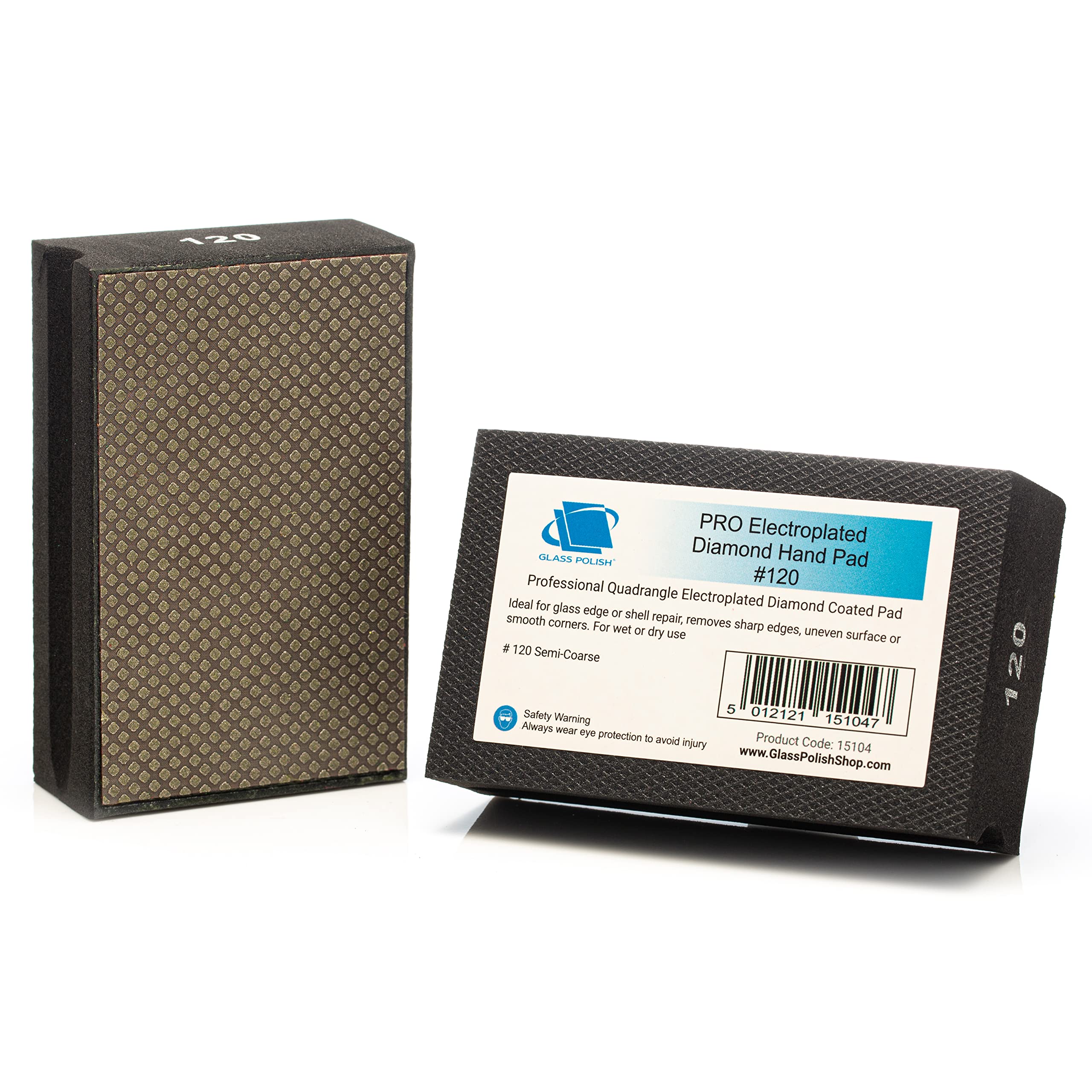 GLASS POLISH PRO Diamond Hand Polishing Pad, Grit 120 Coarse Foam Sanding Block for Quick Surface Edging and Fast Sanding of Glass, Tiles, Ceramics, Concrete, Granite, Marble, and More - GP15104