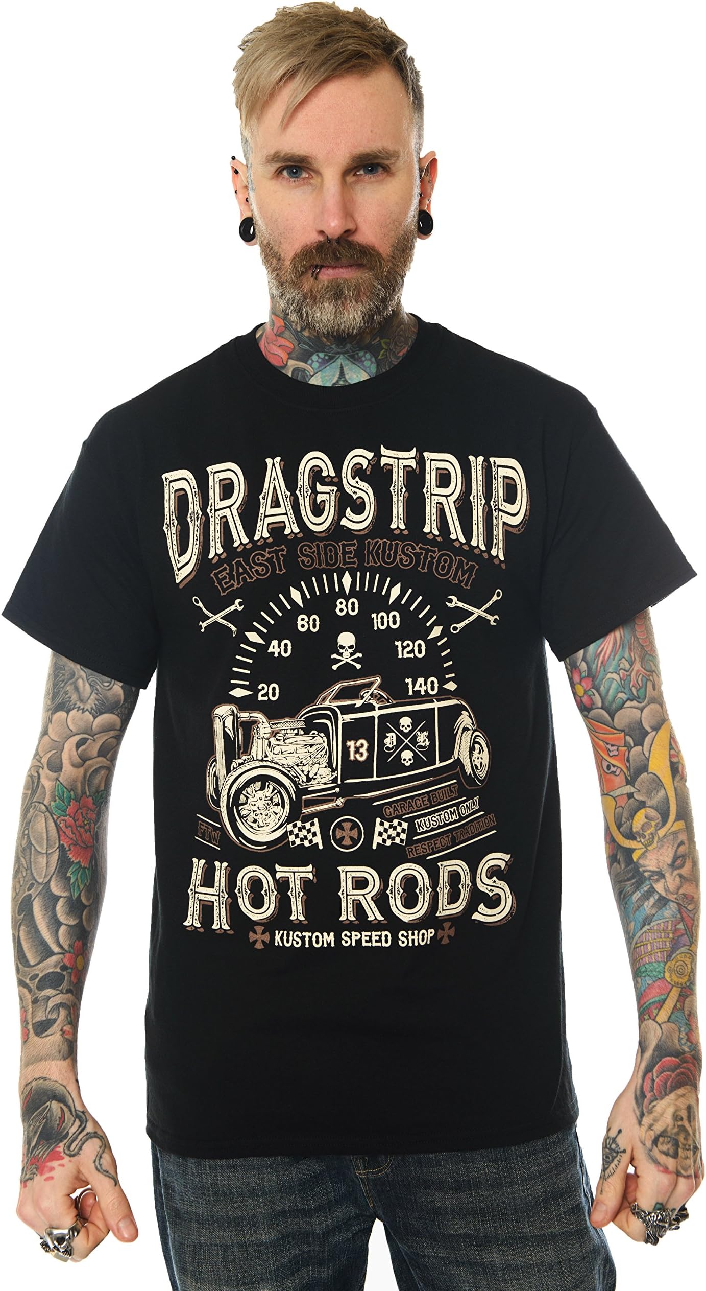 Dragstrip Clothing Men`s East Side Kustom Hot Rod T`Shirt Cream/Brown