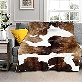 Cow Print Blanket Soft Flannel Lightweight Brown Whtie Cowhide Throw Blanket Cozy Warm Western Cow Hide Blankets All Seasons Living Room Decor for Kids Adults Use On Couch Bed Sofa Office 60x80 inch