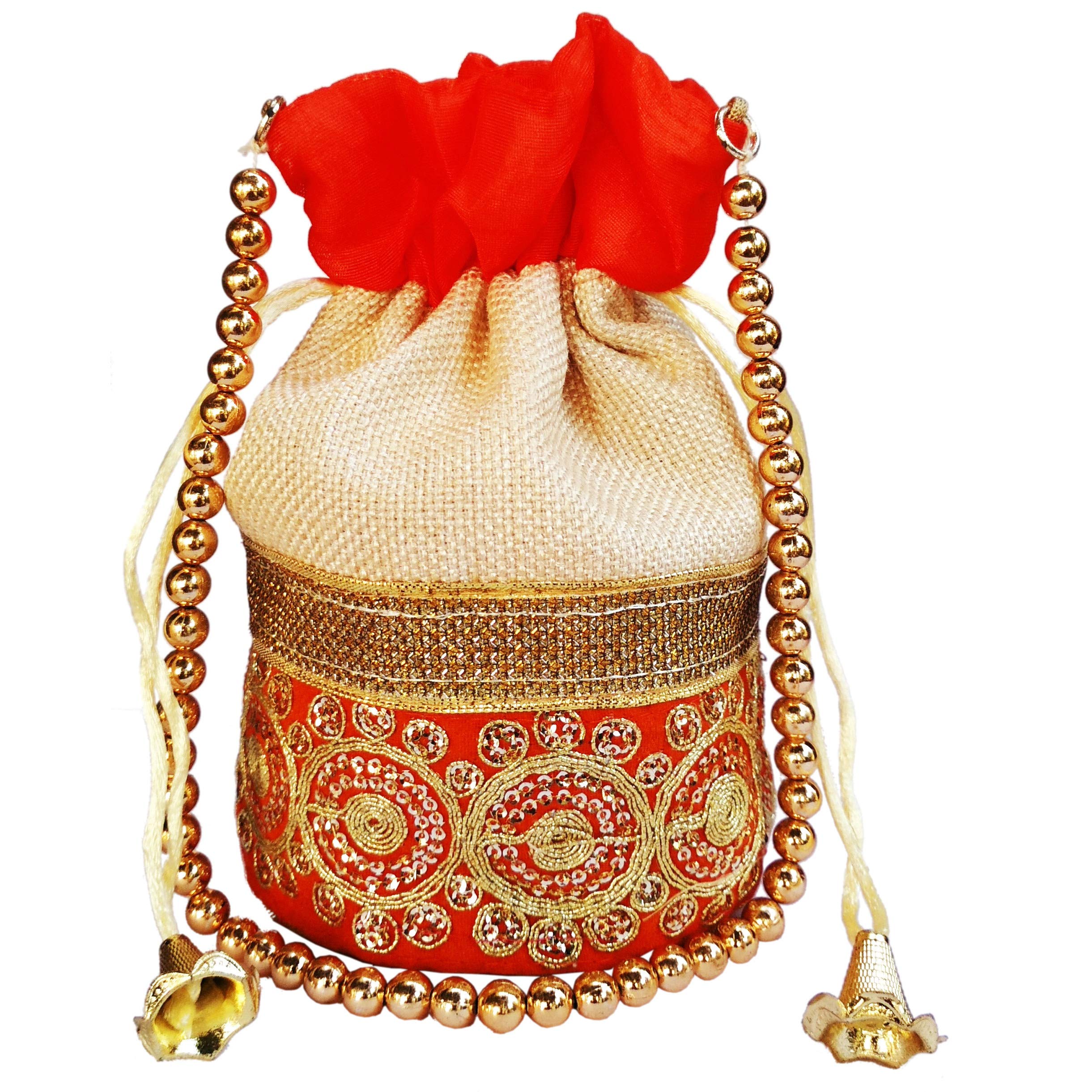 Purpledip Rich Velvet & Jute Potli Bag (Clutch, Drawstring Purse, Evening Handbag) For Women With Gold Embroidery Work and Golden Beads String, Orange (11475)