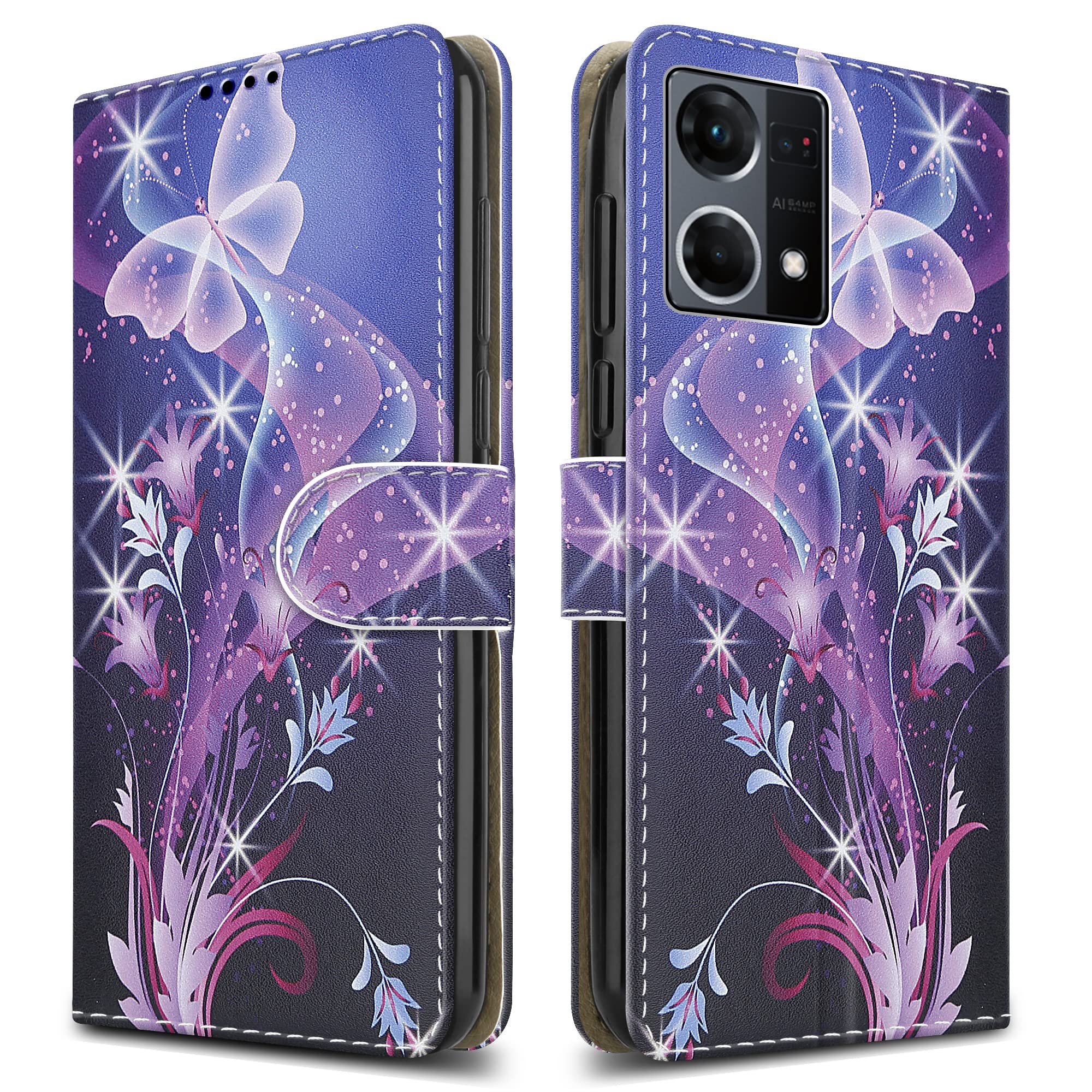 PIXFAB For Oppo Reno 7 4G Leather Phone Case, Magnetic Closure Full Protection Book Folio Design, Wallet Case Cover [Card Slots] and [Kickstand] For Oppo Reno 7 4G (6.43") - Butterfly