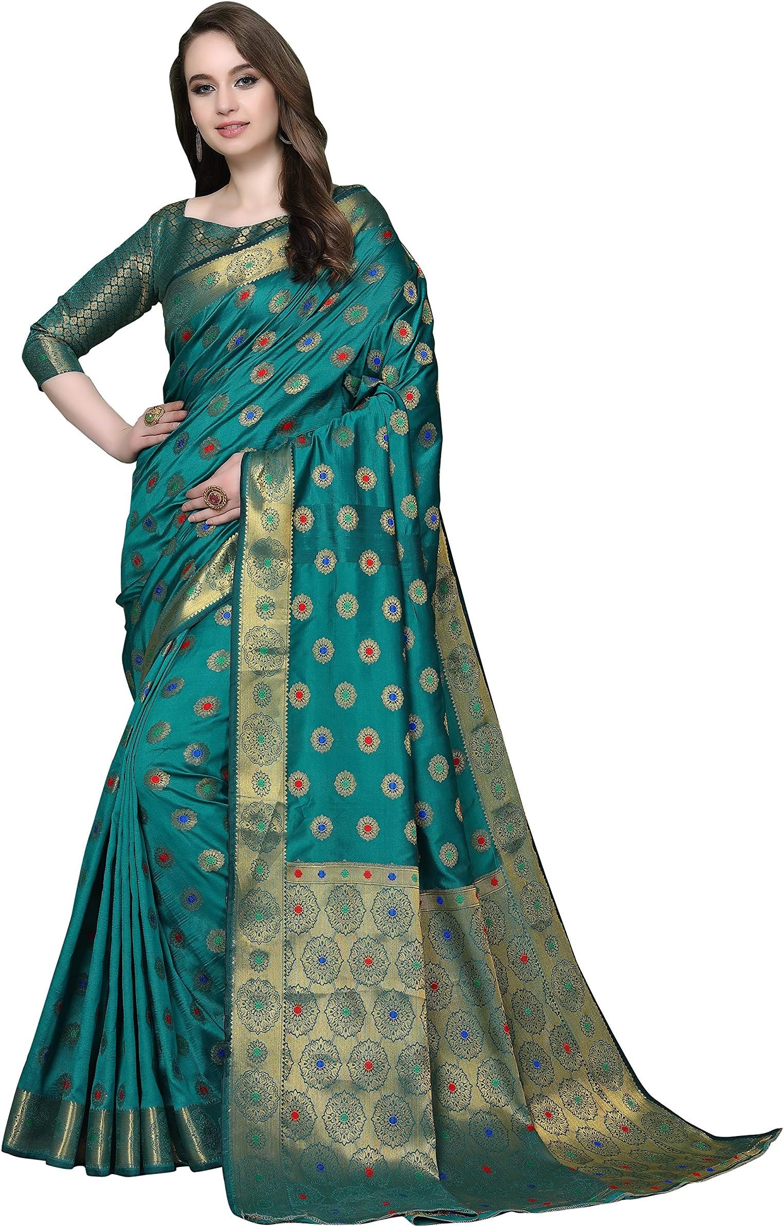 Cotton Shopy Kanjivaram Silk Blend Traditional Design Saree with Blouse Piece (Green)