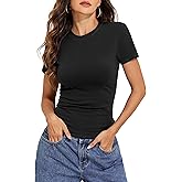 Hilor Women's Cotton Basic Tees Short Sleeve Crew Neck Stretchy Slim Fitted T Shirts Going Out Tops