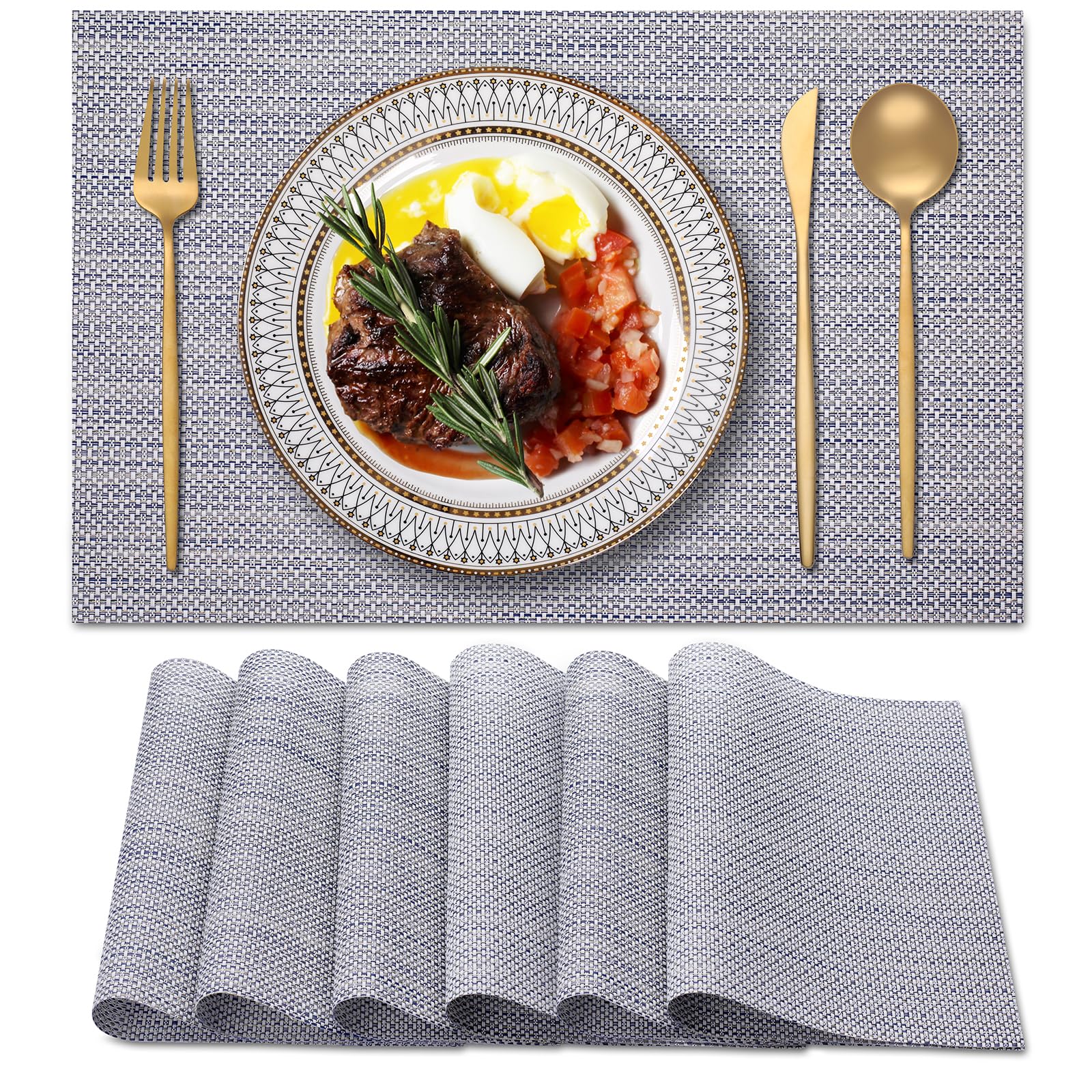 Blibalaskr Place Mats,Table Mats set of 6,Washable Non-Slip Placemats,Heat-resistant PVC Placemat,Suitable for kitchen,dining room,indoor outdoor (Gold Blue) — image 1