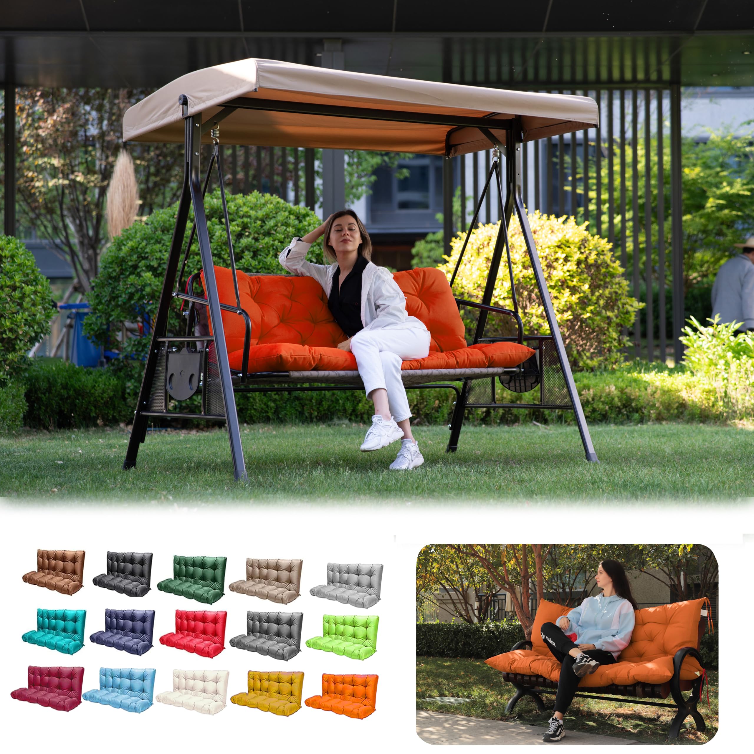 Photo 1 of LCYY.TG Outdoor Swing Cushions, Porch Swing Replacement Seat Cushions with Backrest, 3 Seat Bench Pad Cushions, for Outside Patio, Garden,Backyard (Orange 60 * 40 in)
