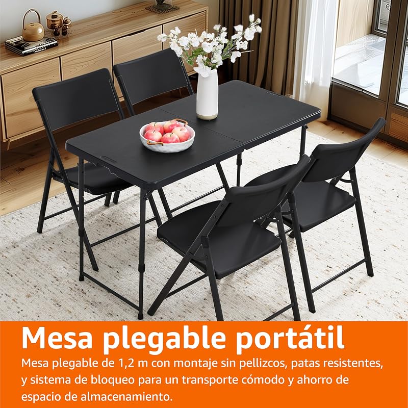 Mesa Plegable Rectangular de 1.2 m, 4 ajustes de Altura, asa de Transporte, Interiores y Exteriores, portátil, Ligera, de Viaje, Picnic, Camping, Negro Lavado, 121.4 x 60.7 x 86.1 cm — foto 6 de 6
