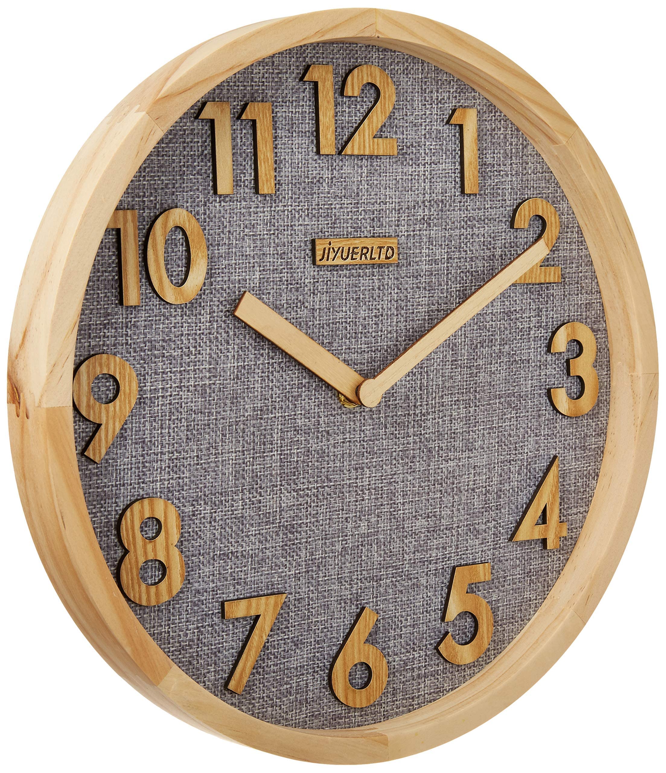 JIYUERLTD 12 inches Wall Clock Kitchen Clock Silent Non-Ticking Quartz 3D Wood Numbers Display, Wood Frame with Linen Face Clock for Home Office Classroom School. (Natural wood-Gray Iinen)