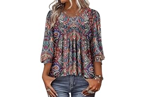 KISSMODA Womens T Shirts Casual Tunics Tops 3/4 Puff Sleeve Satin Blouse Elegant Office Work Shirt
